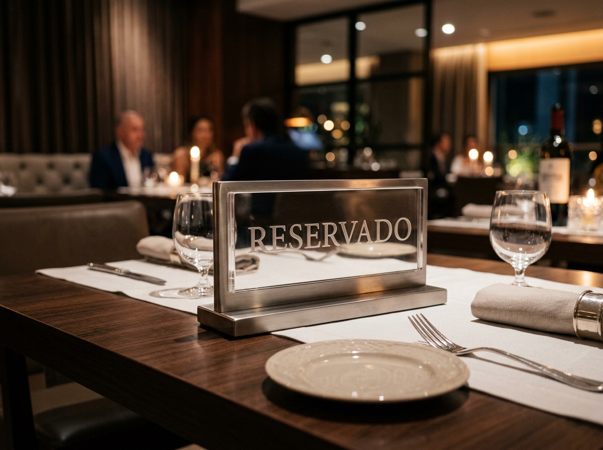 Mesa de restaurante elegante com placa RESERVADO